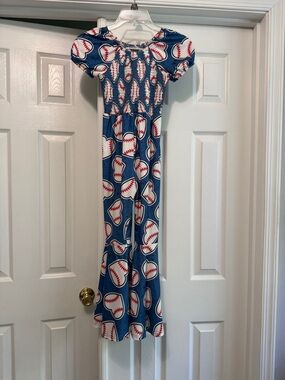 Blue Baseball Print Bell Bottom Jump Suit, Sz 10-12